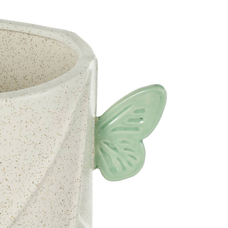 Ceramic Butterfly Wide Vase with Multicolor Accents - White - Roche River Decor