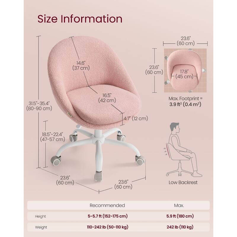 Jelly Pink Adjustable Height Swivel Vanity Chair with Teddy Fleece Upholstery and Armless Design