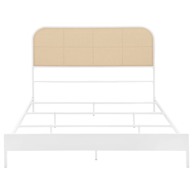 Ammy King Bed, Radio Weave Headboard, Brown Faux Rattan, White Metal