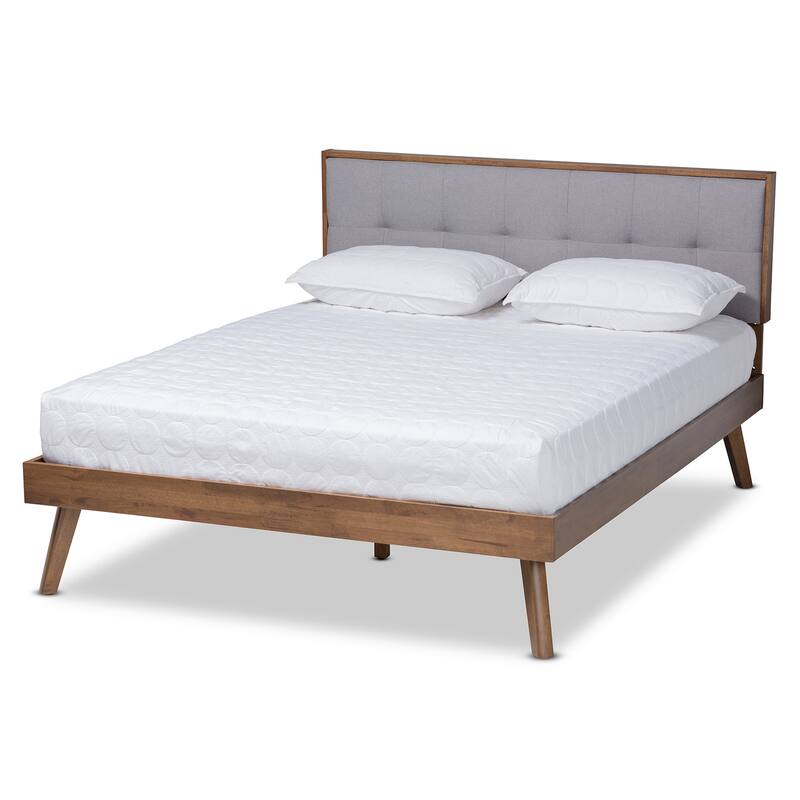 Light Grey Upholstered Platform Bed - Walnut Finish, Biscuit Tufted Headboard & Slats - 82"L x 62"W x 48"H