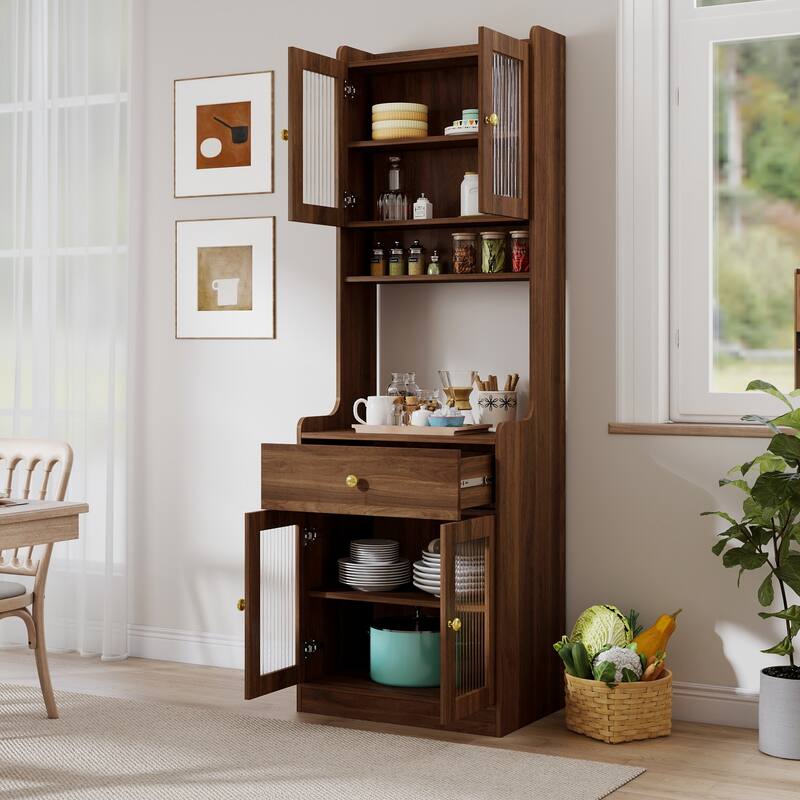 Roomfitters Kitchen Pantry Hutch Cabinet, Tall Farmhouse Buffet with Microwave Stand and Storage Shelves, Walnut Brown - Walnut