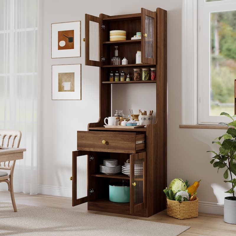 Wooden Sideboard Buffet Cabinet with Microwave Stand, Tall Accent Pantry Cabinet with 2 Storage Cabinets - Walnut