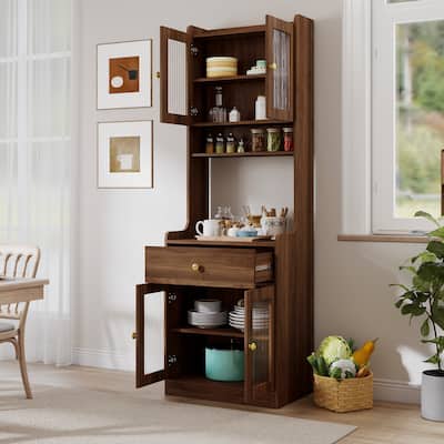 Wooden Sideboard Buffet Cabinet with Microwave Stand, Tall Accent Pantry Cabinet with 2 Storage Cabinets