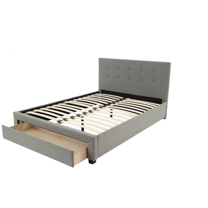 Full Size Modern Bed with Tufted Headboard and Storage Drawer, Grey Polyfiber Finish