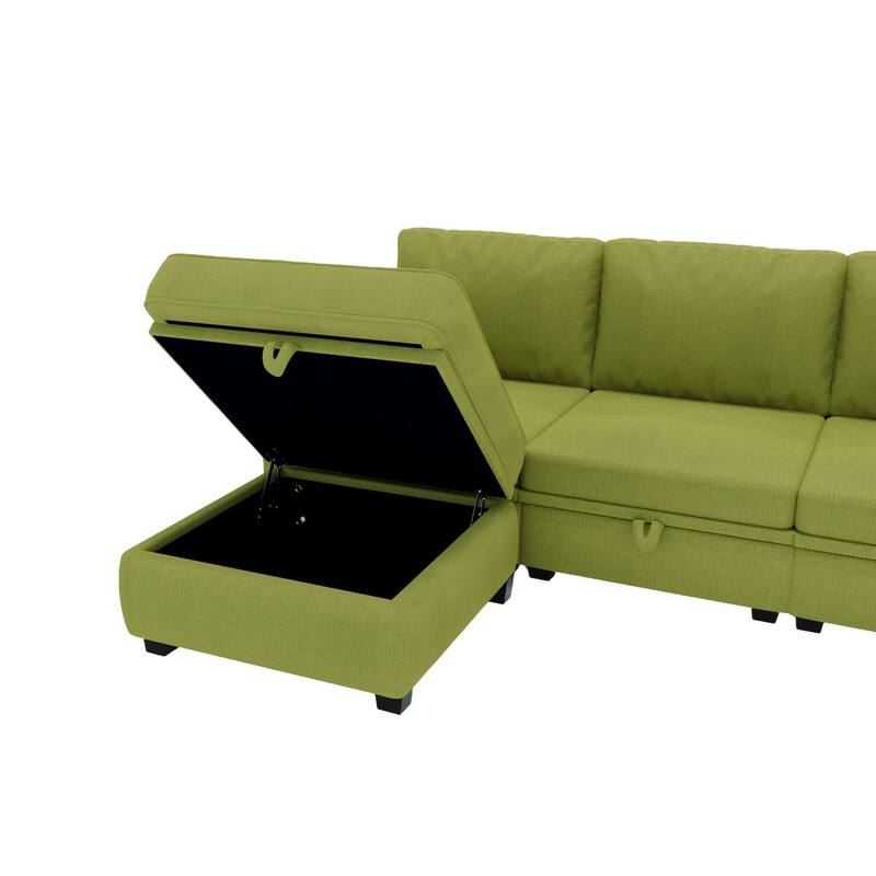 Linen Fabric U Shaped Modular Couch Set with Ottomans and Storage Seats