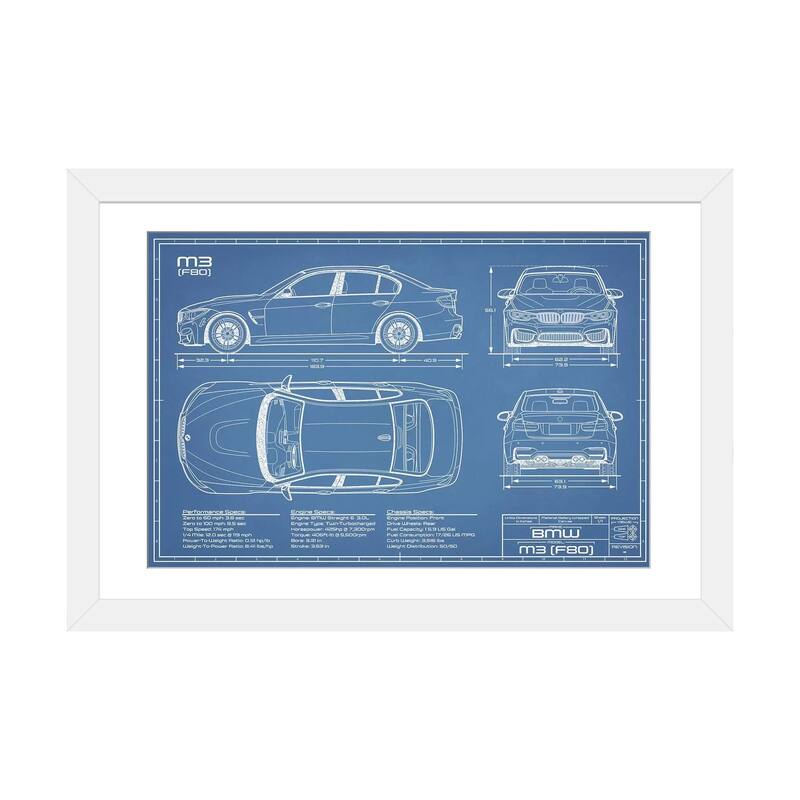 iCanvas "BMW M3 (F80) Blueprint" by Action Blueprints - White - 16x24x1
