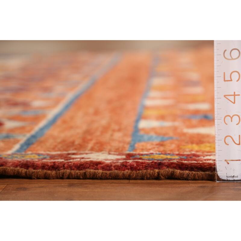 Orange Tribal Geometric Moroccan Rug Hand-Knotted Wool Carpet - 6'7" x 9'6"