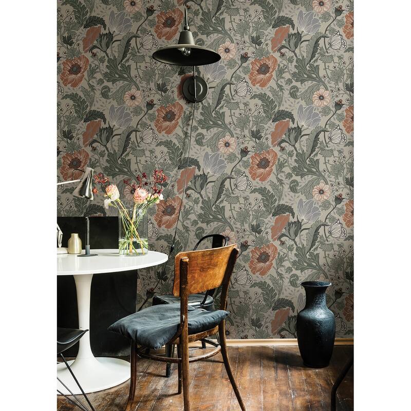 Malakoff, Anemone Light Grey Floral 33 ft L X 20.5 in W, Wallpaper.