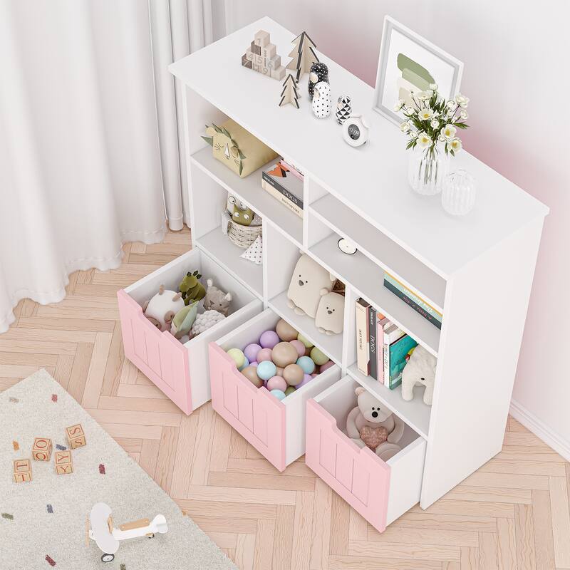 Toy Storage Organizerwith Hidden Wheels, Kids Bookshelf Floor Toy Storage Cabinet, 3 Movable Drawers