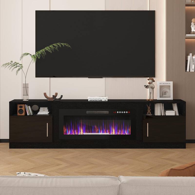 BOSSIN 80" Modern Electric Fireplace TV Stand with 20-Color LED Lights, Fits Up to 90" TV, Adjustable Shelves & Storage Cabinets