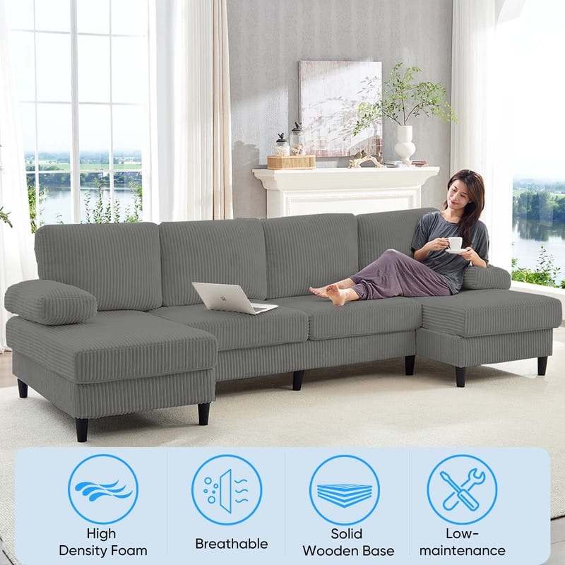 Mixoy W110"U-Shaped Sectional Sofa Couches with Double Chaises and Sleepable Armrests,Corduroy Upholstered 4-Seater Sofa