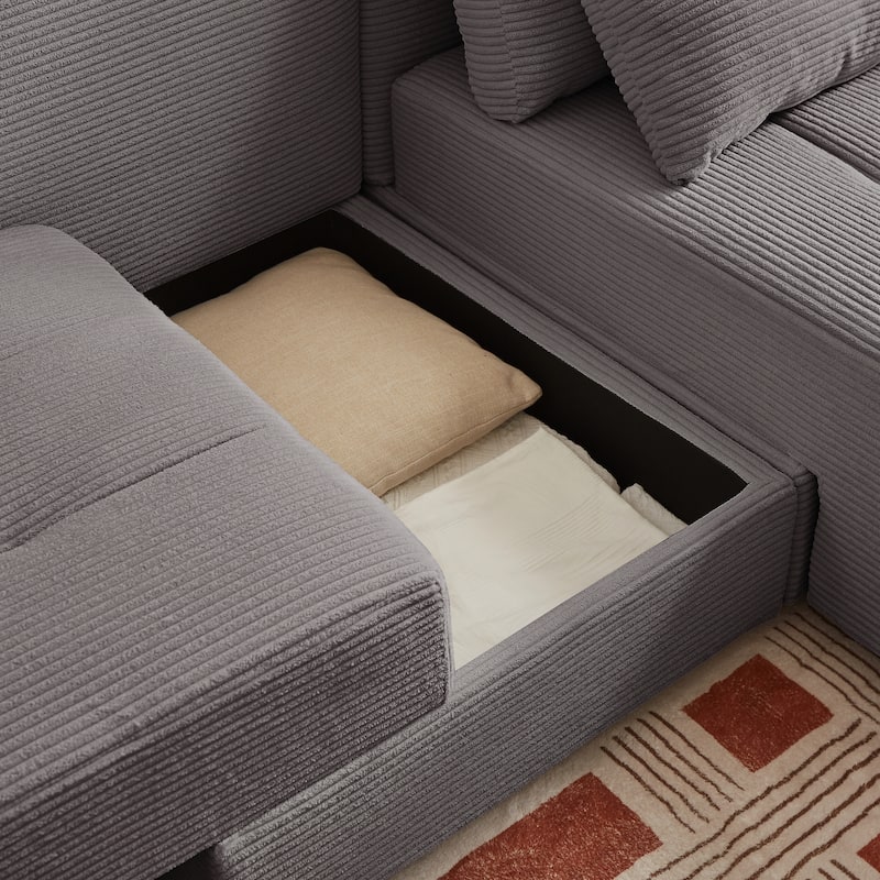 94" Corduroy 3-in-1 Convertible Sectional Sofa with 4 Storage Spaces and 4 Pillows