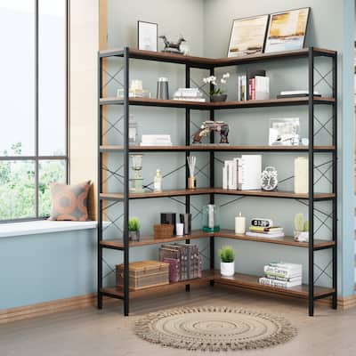 Large Size 5/6-Shelf Corner Bookshelf, Vintage Industrial Corner Bookshelf Etagere Bookcase