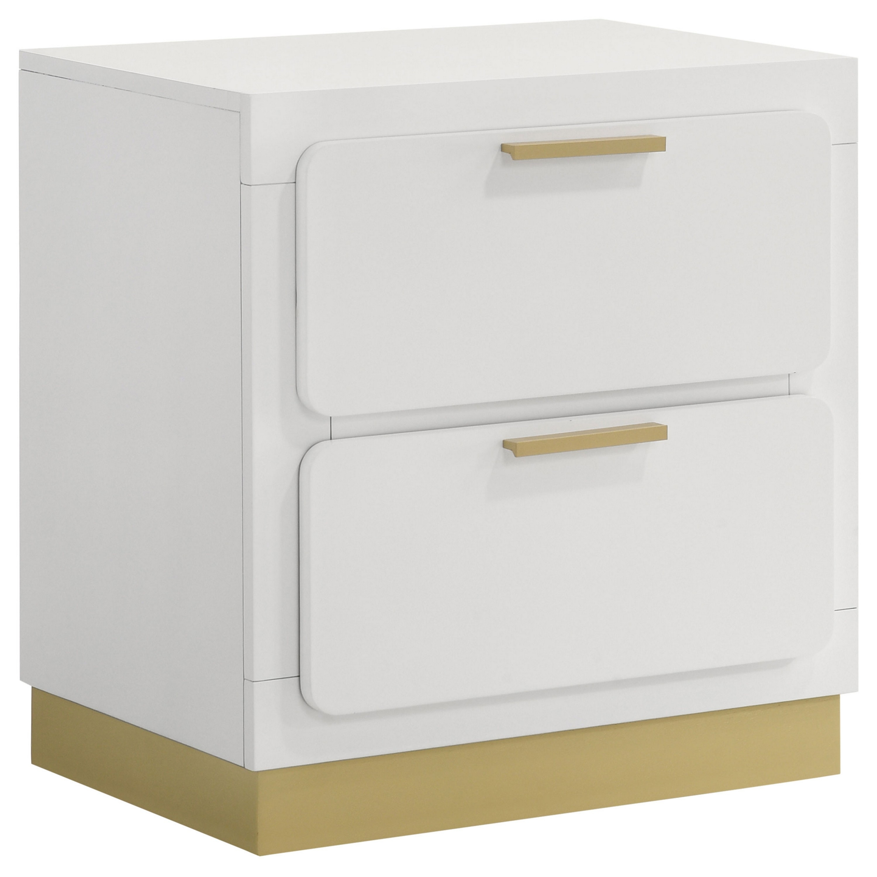 Benjara Caer Nightstand, 2 Drawers, Gold Accent Recessed Base, Bar Handles, White