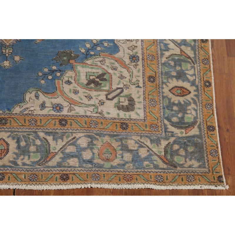 Blue Tabriz Persian Vintage Rug Hand-Knotted Oriental Wool Carpet - 6'5"x 9'5"