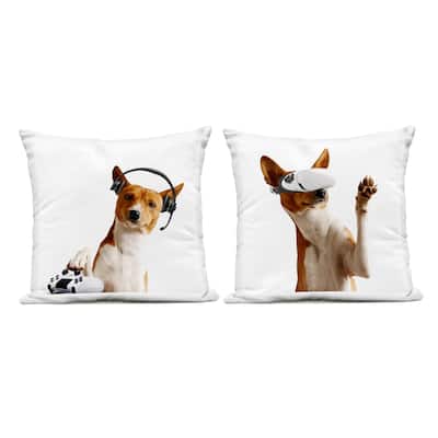 Stupell Video Game Dogs with VR Printed Outdoor Throw Pillow Design by CAD Designs (Set of 2)