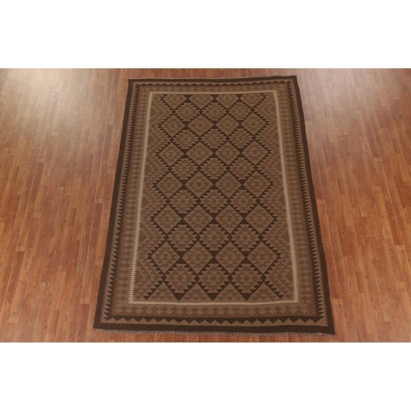 Hand Woven Oriental 100% Wool Carpet Southwestern Geometric Brown Kilim Area Rug - 9' 7'' X 6' 8''