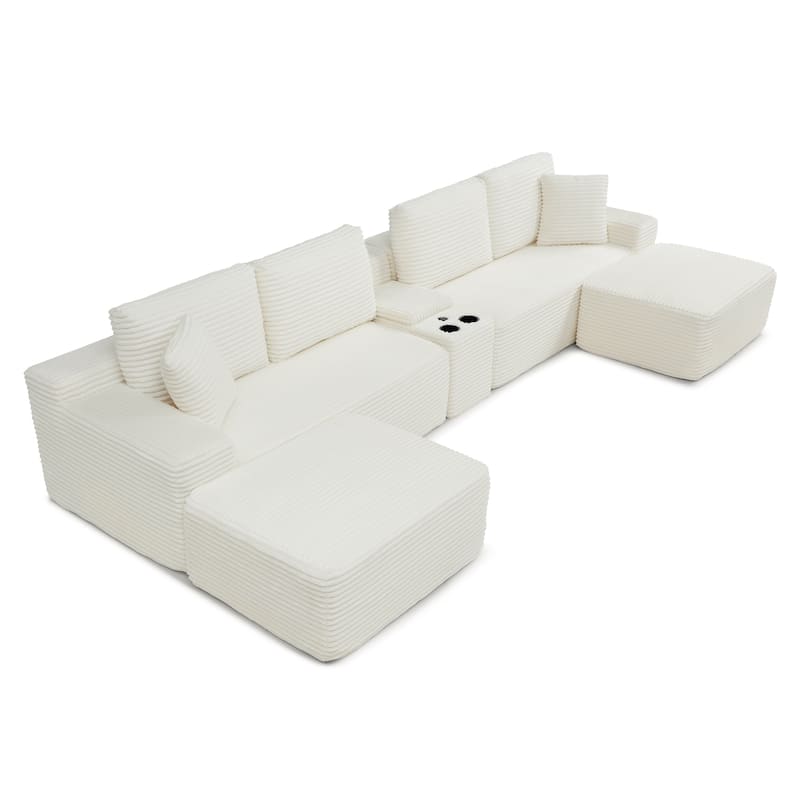 150" Oversized Corduroy Modular Couches U-shaped Chaise Sectional Sofa with Cup Holders, USB Ports and Ottomans for Living Room