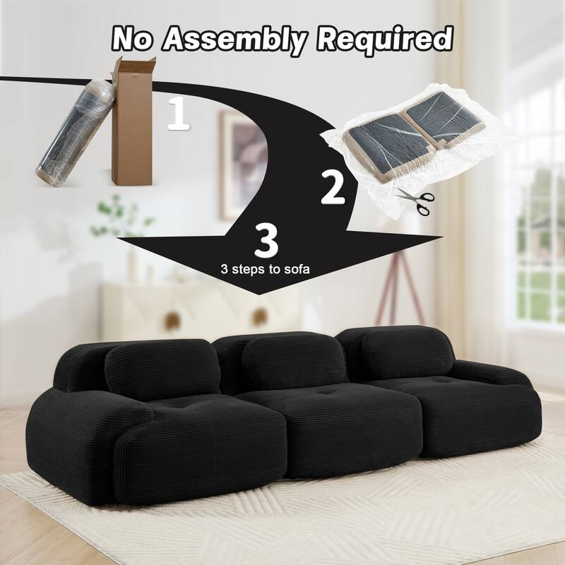 Anmytek Modern 3 Seat Black Modular Corduroy Sofa No Assembly Sectional Couch