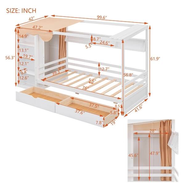 dimension image slide 1 of 3, Modern Twin Size House Bed with Two Drawers and Built-in Wardrobe and Sturdy Construction