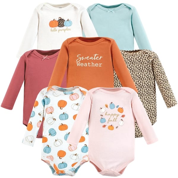 slide 1 of 1, Hudson Baby Infant Girl Cotton Long-Sleeve Bodysuits, Happy Fall 7-Pack 18-24 Months - Happy Fall 7-Pack