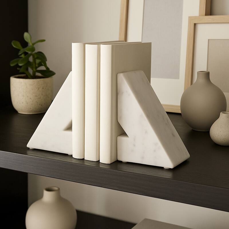 Decorative Modern Marble Triangle Bookends - Home Decor - 6", White - 6.0"
