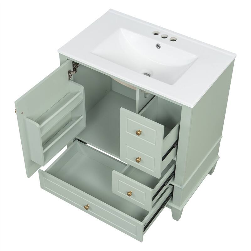 30" Bathroom Vanity with Ceramic Sink, Freestanding Bathroom Vanity Cabinet w/ 3 Storage Drawers, 1 Soft Close Door & Door Shelf