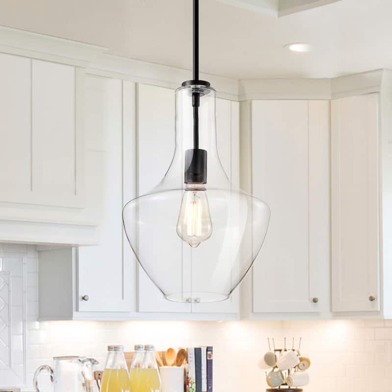 1-Light Farmhouse Matte Black Pendant with Clear Glass Shade