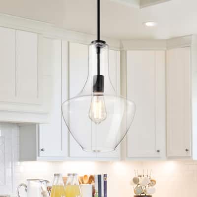 1-Light Farmhouse Matte Black Pendant with Clear Glass Shade