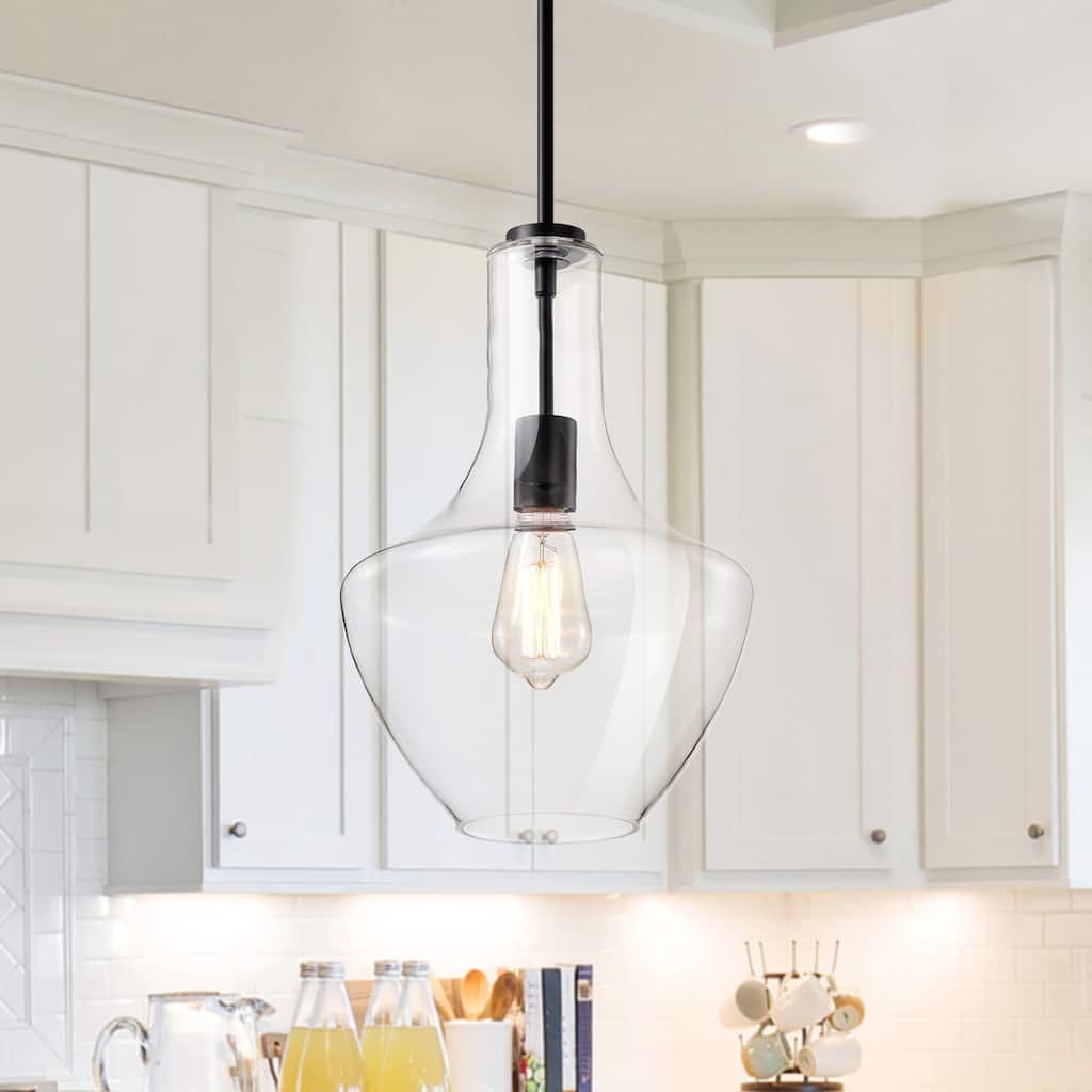 1-Light Farmhouse Matte Black Pendant with Clear Glass Shade