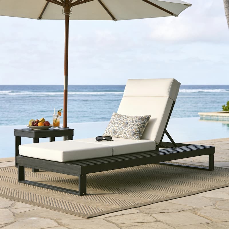 Christopher Knight Home - Modern Outdoor Acacia Wood Chaise Lounge with 4-Position Adjustable Backrest & 4-Fold Cushion - Black+Cream Cushion
