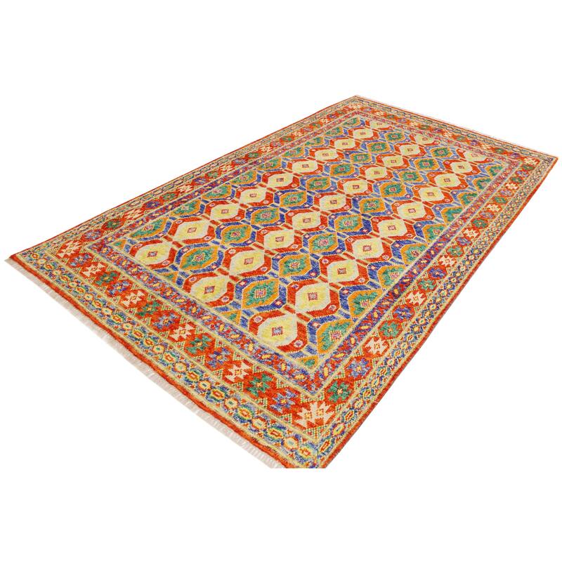 Rustic Balochi Contreras Red/Blue Hand Knotted Wool Rug - 5'8'' x 8'0''