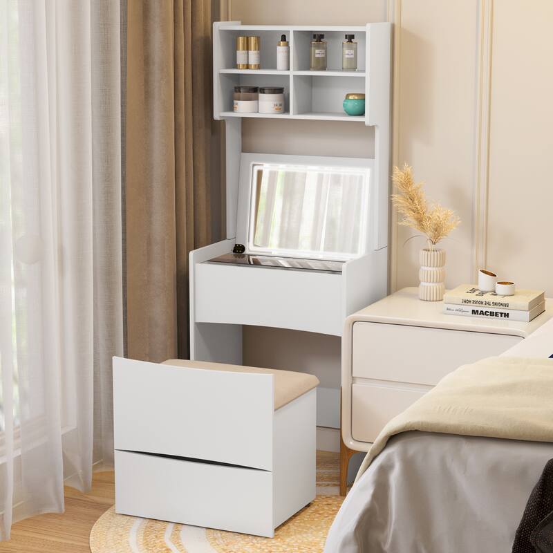 Dressing Table with Flip Top LED Illuminated Mirror, Makeup Vanity Dressing Table with Removable Upholstered Stool - White