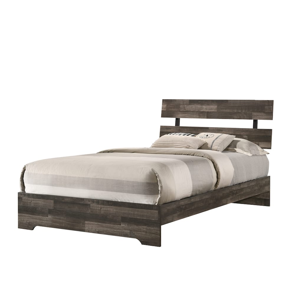 Rustic Twin Platform Bed with Slat Headboard, Low-profile Frame, Brown Finish, Contemporary Youth Bedroom Furniture