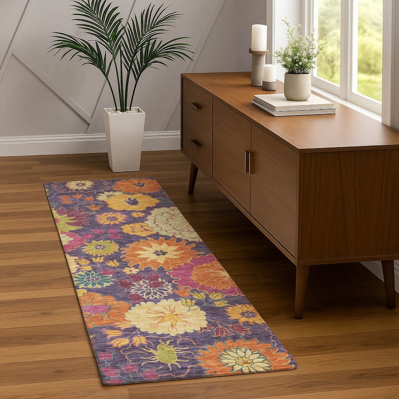 Machine Washable Indoor/ Outdoor Modern Floral Chantille Rug