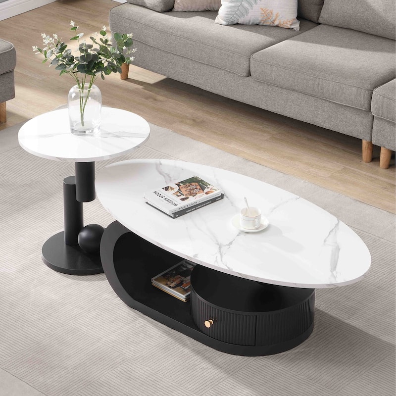 Modern Nesting Coffee Table Side Table with Artificial Marble Top and Drawers, for Living Room, 2-Piece Set