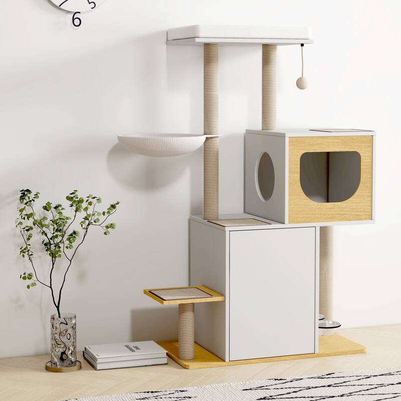 Wood Cat Tree Tower with Scratching Pads and Large Storage Space, Industrial Cat Cabinet with Shelves and Doors