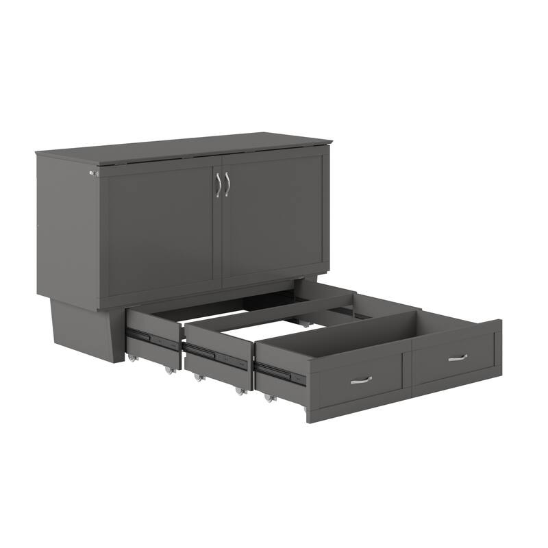 Queen Murphy Bed Chest Solid Wood - Grey Storage Bed with Mattress & USB Ports - Space Saving Furniture