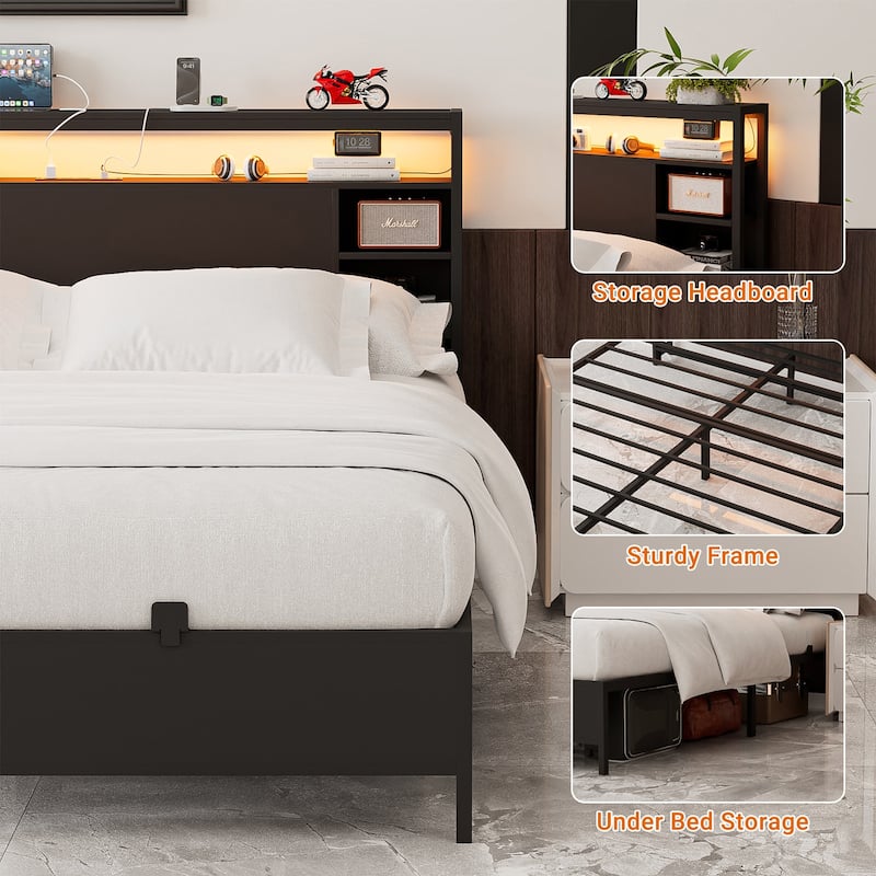 Bed Frame with Charging Station and RGB LED Lights, Sturdy Platform Bed with Storage Headboard,