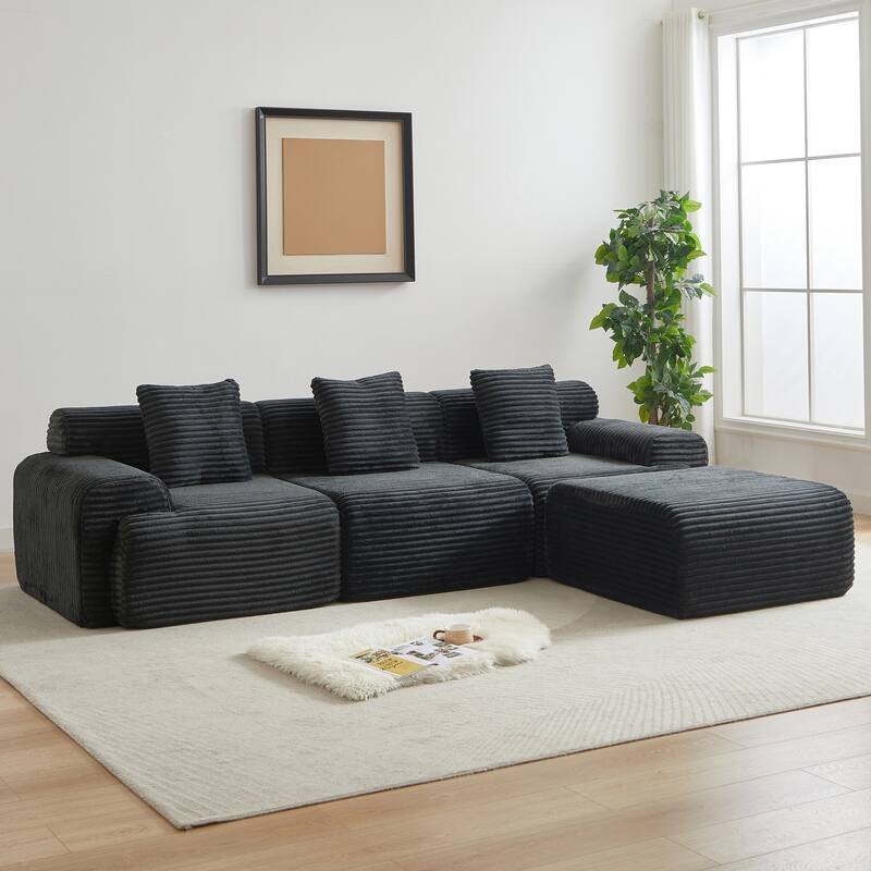 L-Shaped Modular Sectional Sofa with Ottoman, Corduroy Upholstered Boneless Couch, Deep Seat Sofa with Throw Pillows