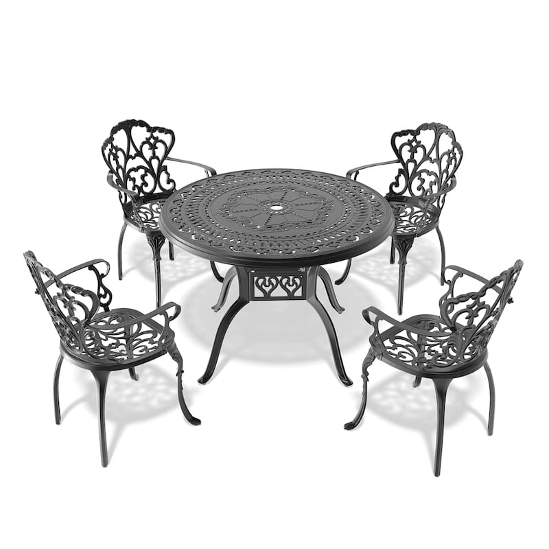 5-Piece Outdoor Dining Set for 4, 39.37" Cast Aluminum Round Patio Table and Chairs, Black