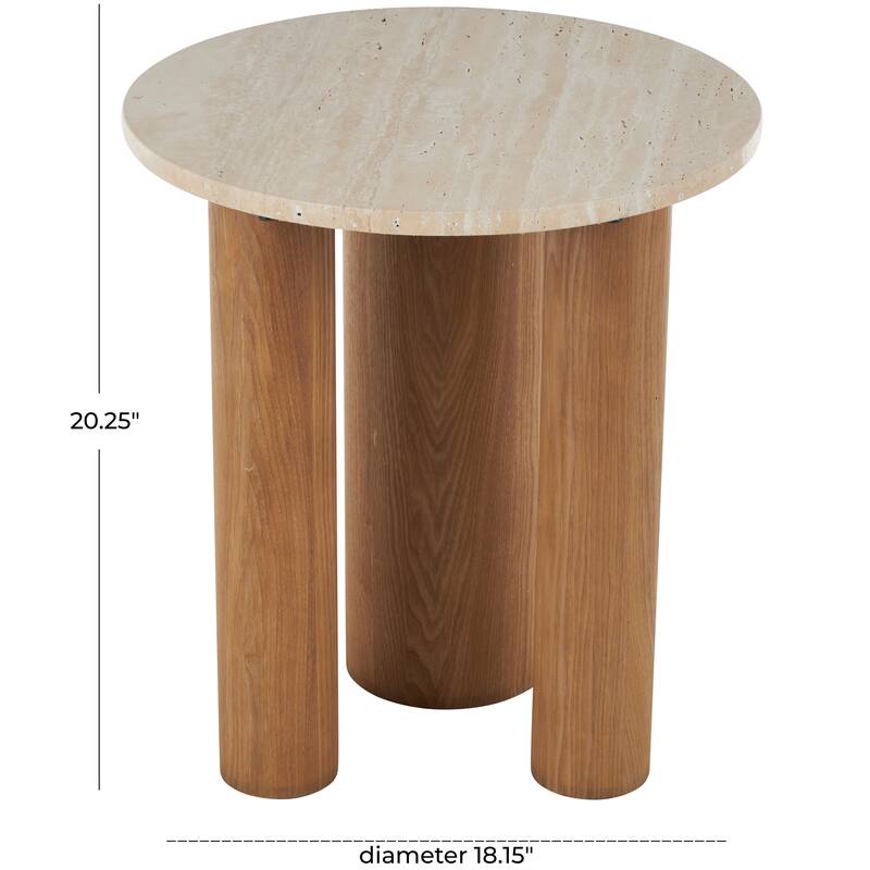 Wood Accent Table with Beige Round Marble Tabletop - Brown - Roche River Decor