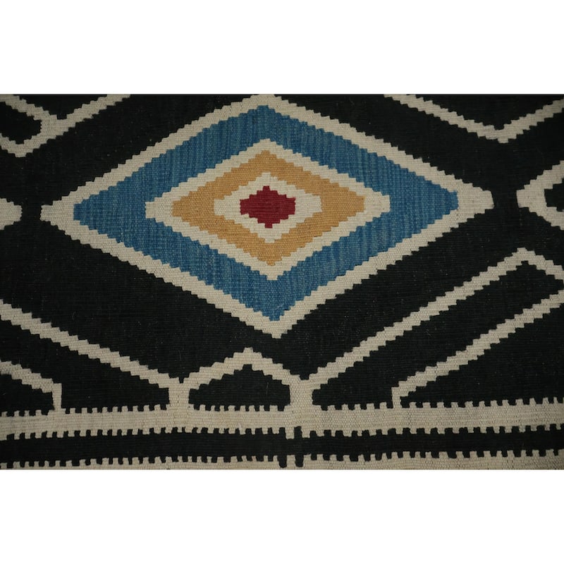 Hand Woven Oriental 100% Wool Carpet Southwestern Tribal Black Kilim Runner Rug - 9' 11'' X 3' 2''