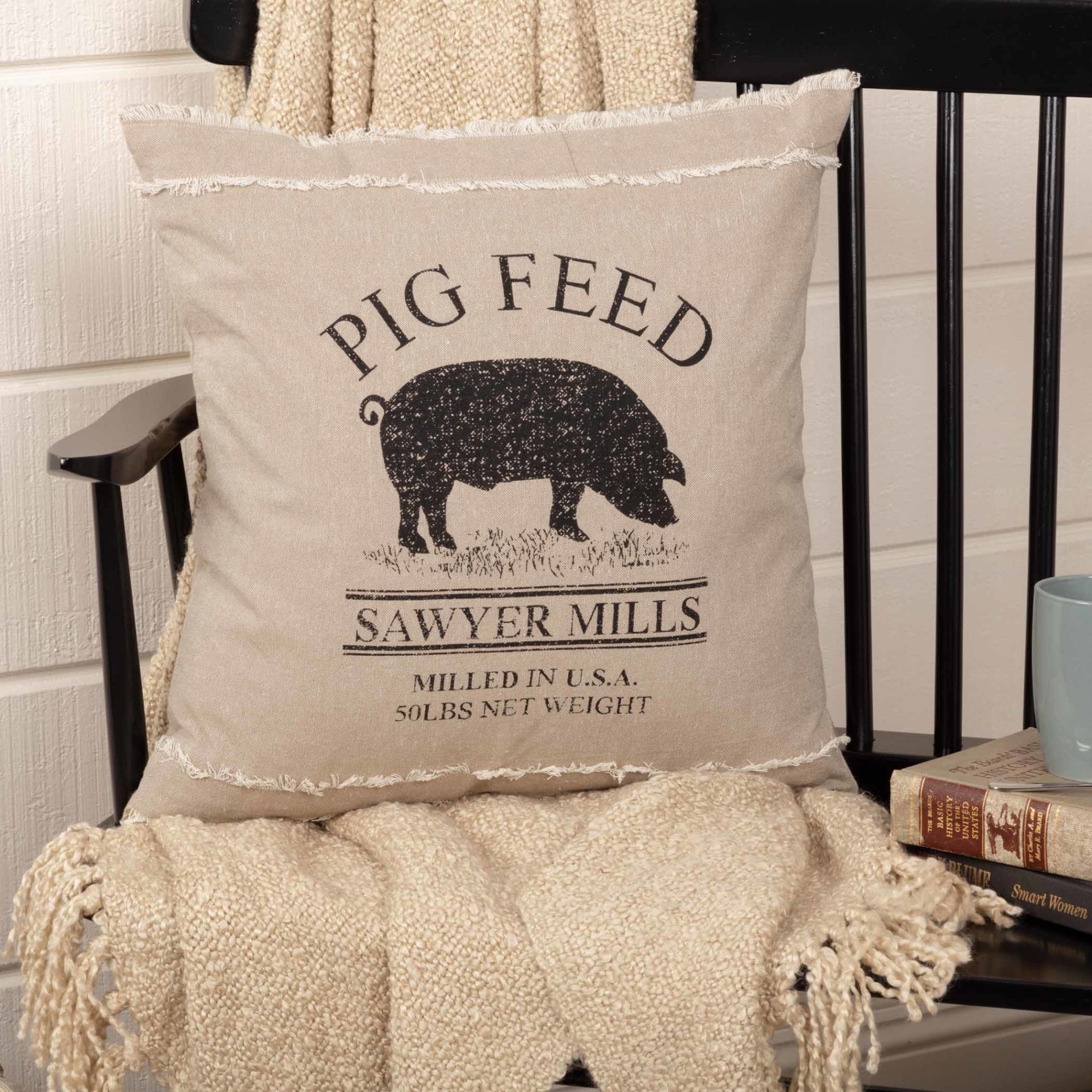 Farmhouse Throw Pillow 18x18 Sheep Sawyer Mill Black Embroidered White  Country VHC Brands