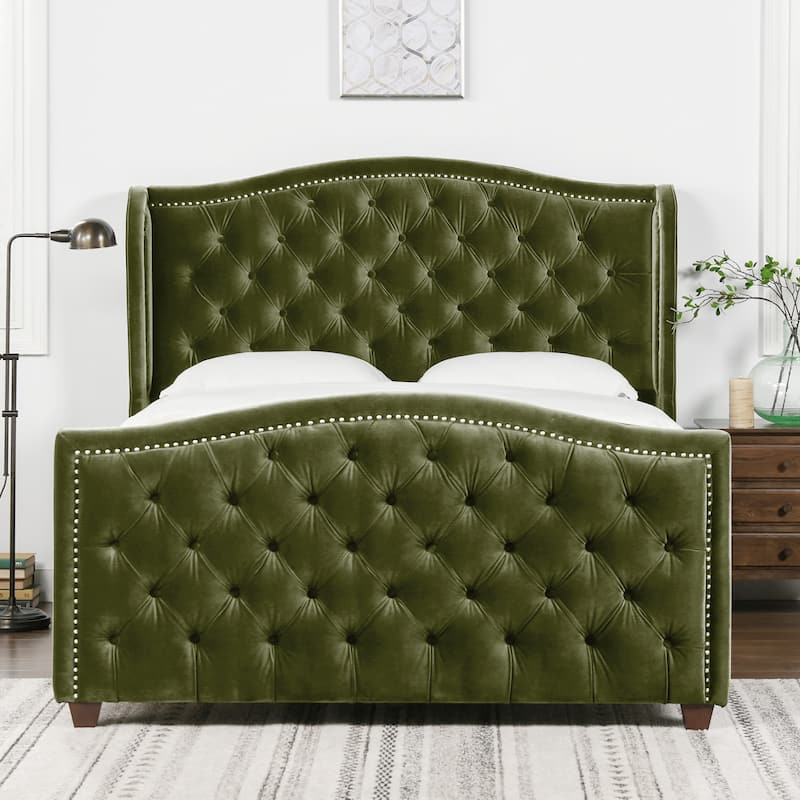 Athens Upholstered Nailhead Tufted Wingback Panel Bed - Olive Green Performance Velvet - Queen