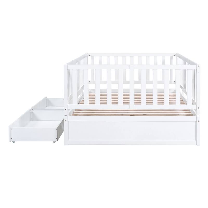 Full Size Wood Daybed with Fence Guardrails and 2 Drawers