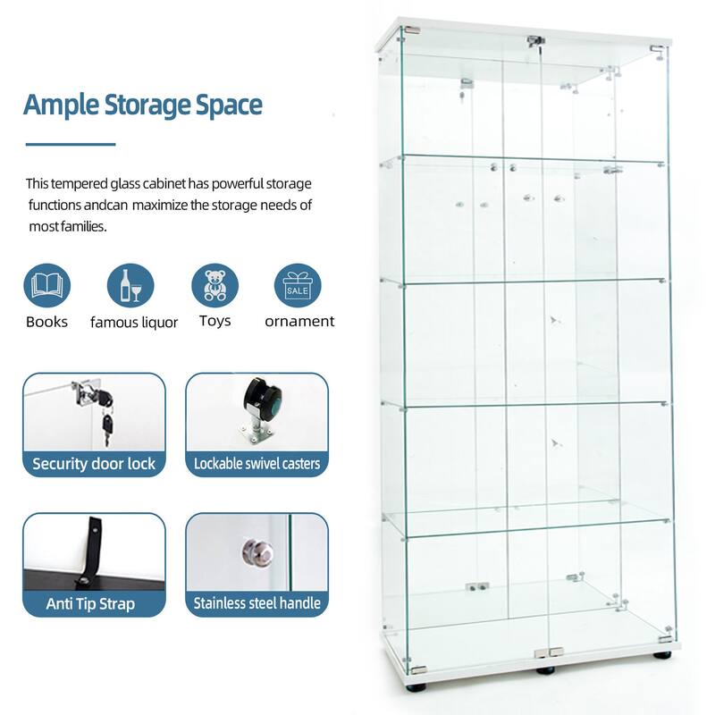 76" Tall Tempered Glass Display Cabinet with Mirror Back, Bluetooth LED Light Strip, Lockable Doors and Casters