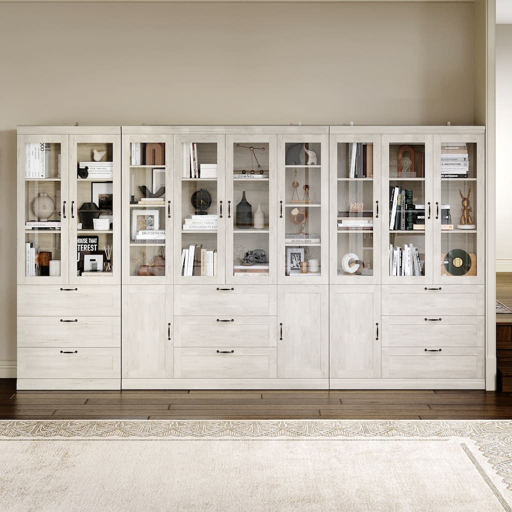 Bookcase Cabinet with Glass Doors and Drawers Multi-Purpose Storage Display Hutch for Living Room or Dining Room