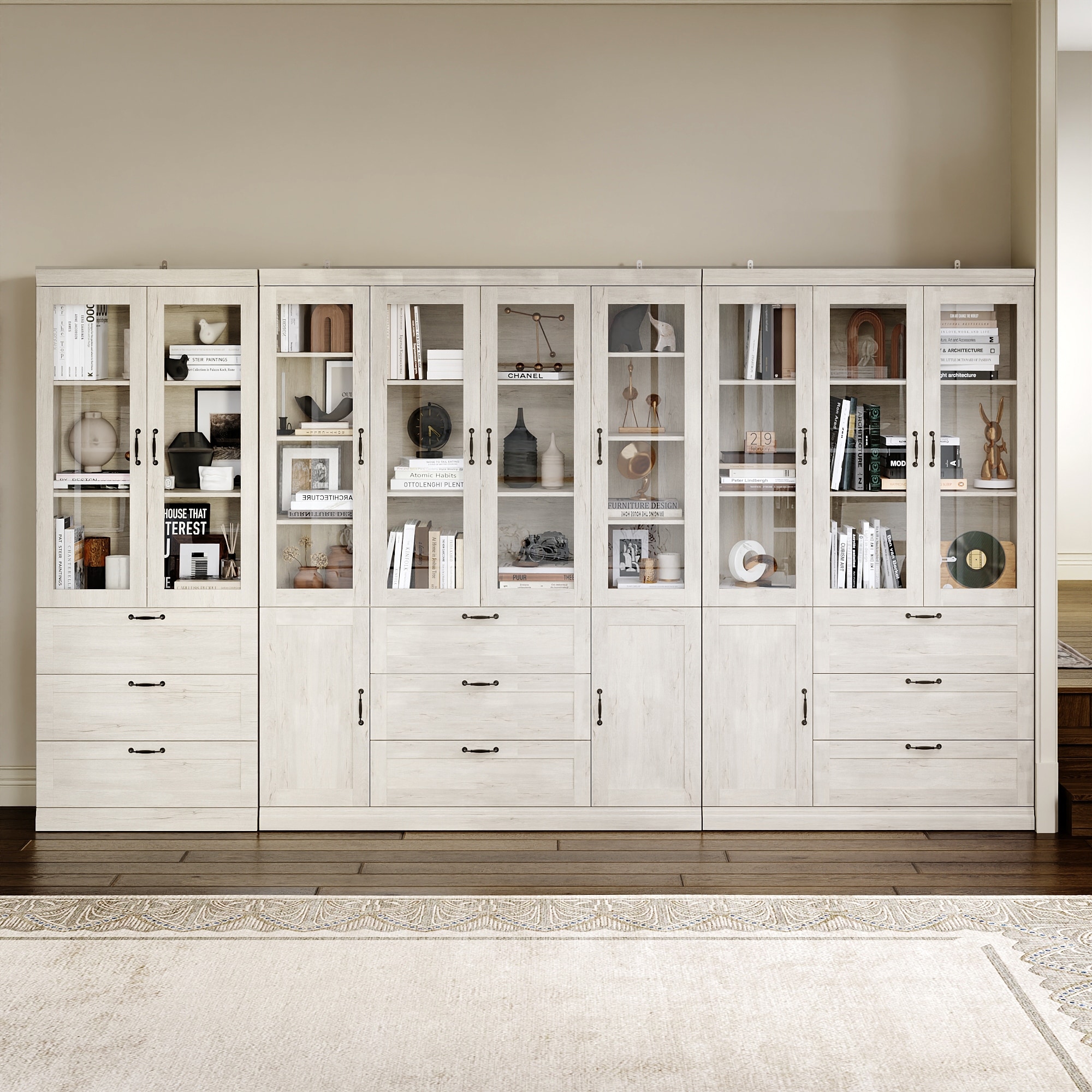 Bookcase Cabinet with Glass Doors and Drawers Multi-Purpose Storage Display Hutch for Living Room or Dining Room