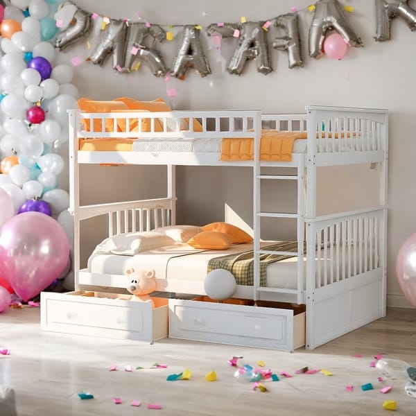 slide 2 of 14, Convertible Full Over Full Bunk Bed With Drawers With Fence-shaped Guardrail White